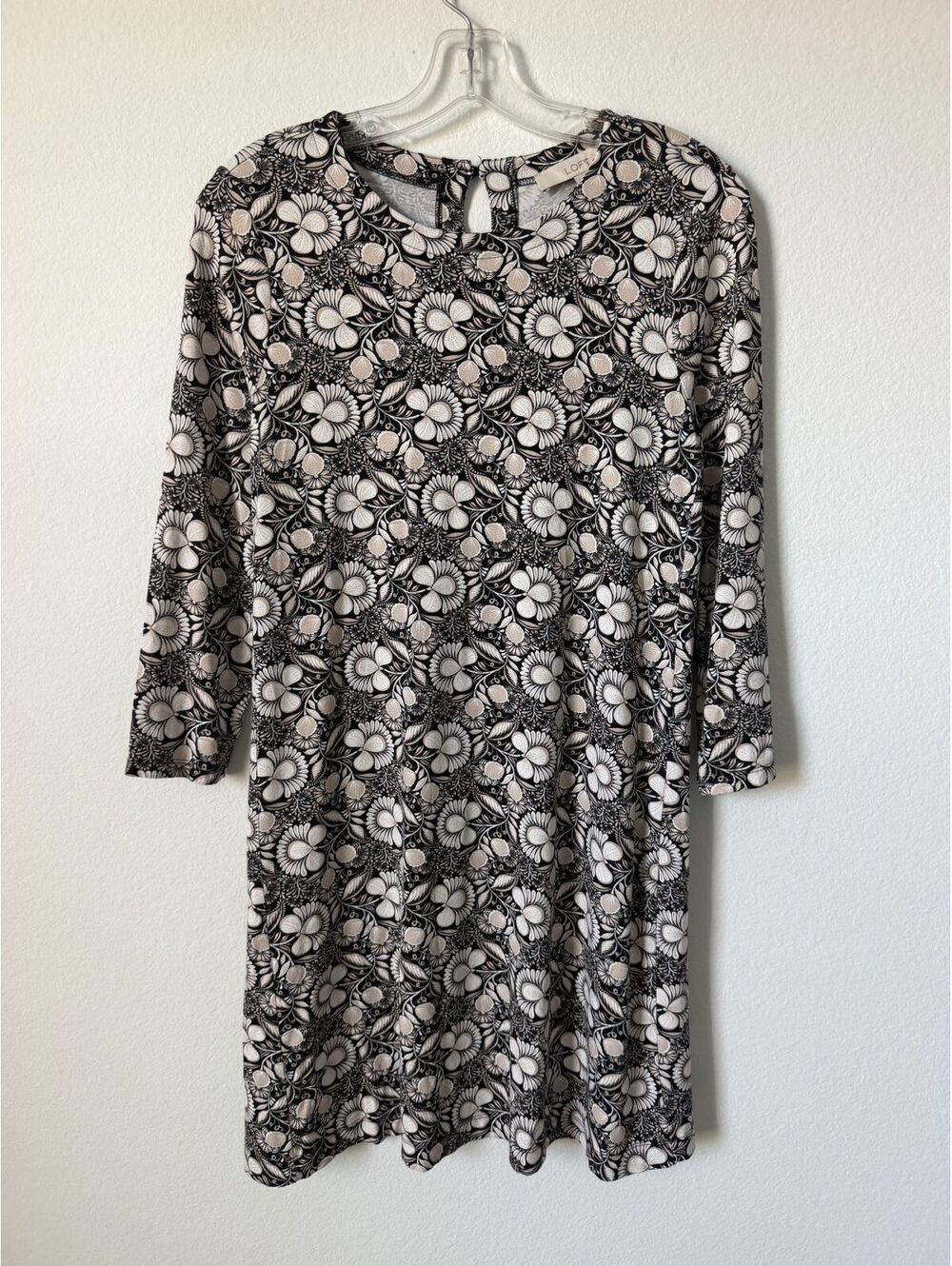 LOFT 3/4 Sleeve Round Neck Floral Stretch Swing Dress Women's Size S